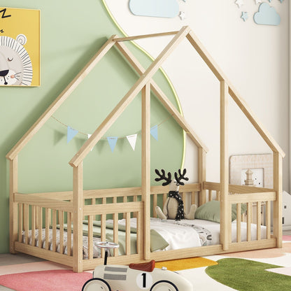 Twin Wood House-Shaped Floor Bed with Fence, Guardrails ,Natural image 7