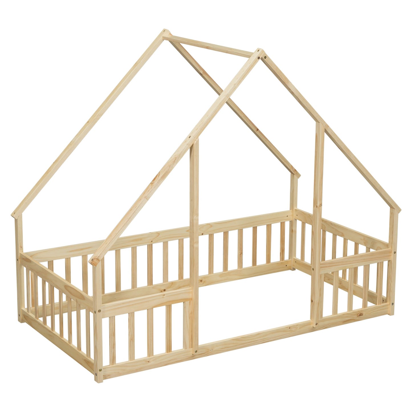 Twin Wood House-Shaped Floor Bed with Fence, Guardrails ,Natural image 3
