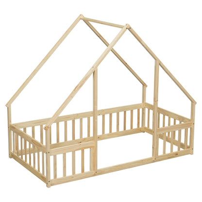 Twin Wood House-Shaped Floor Bed with Fence, Guardrails ,Natural image 3