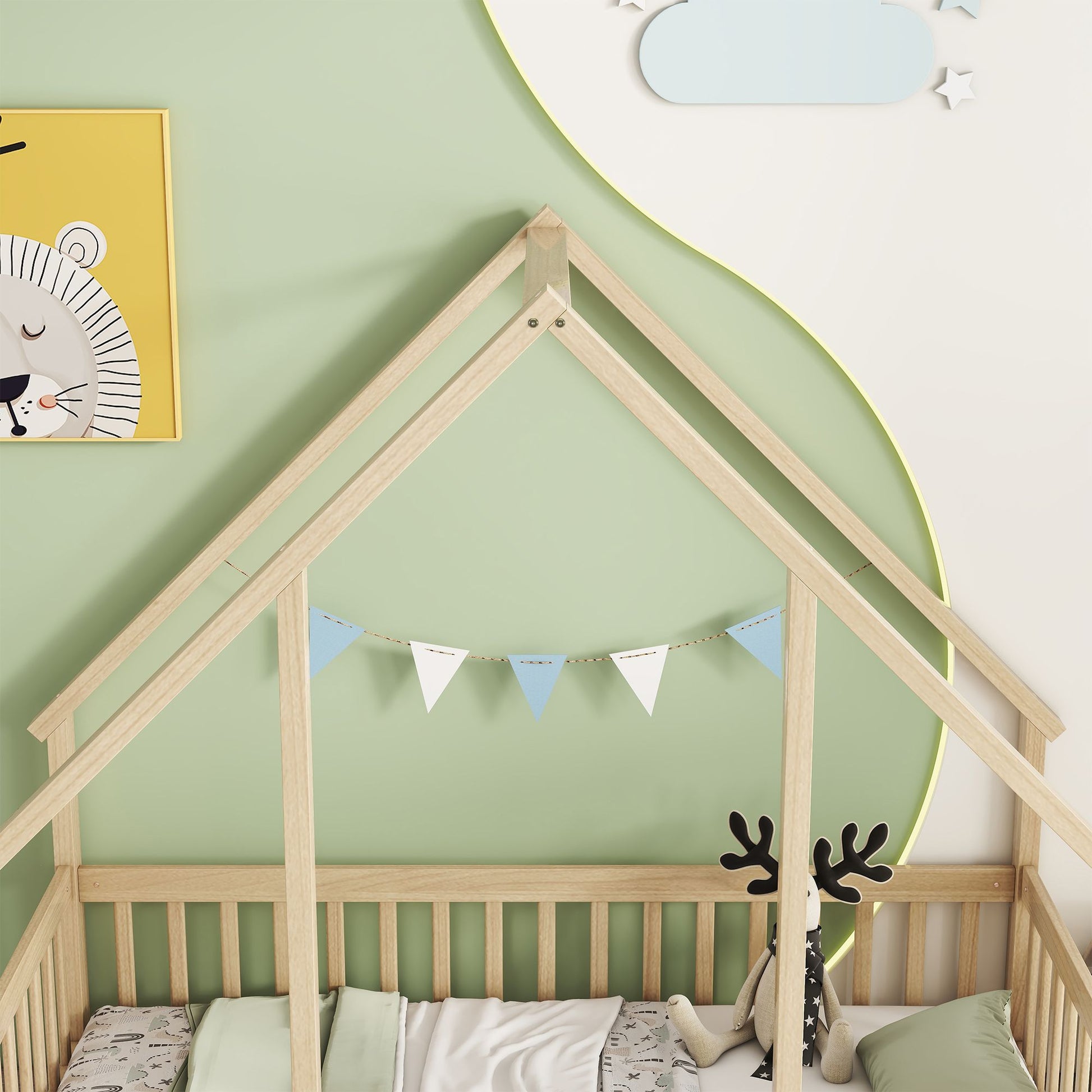 Twin Wood House-Shaped Floor Bed with Fence, Guardrails ,Natural image 11
