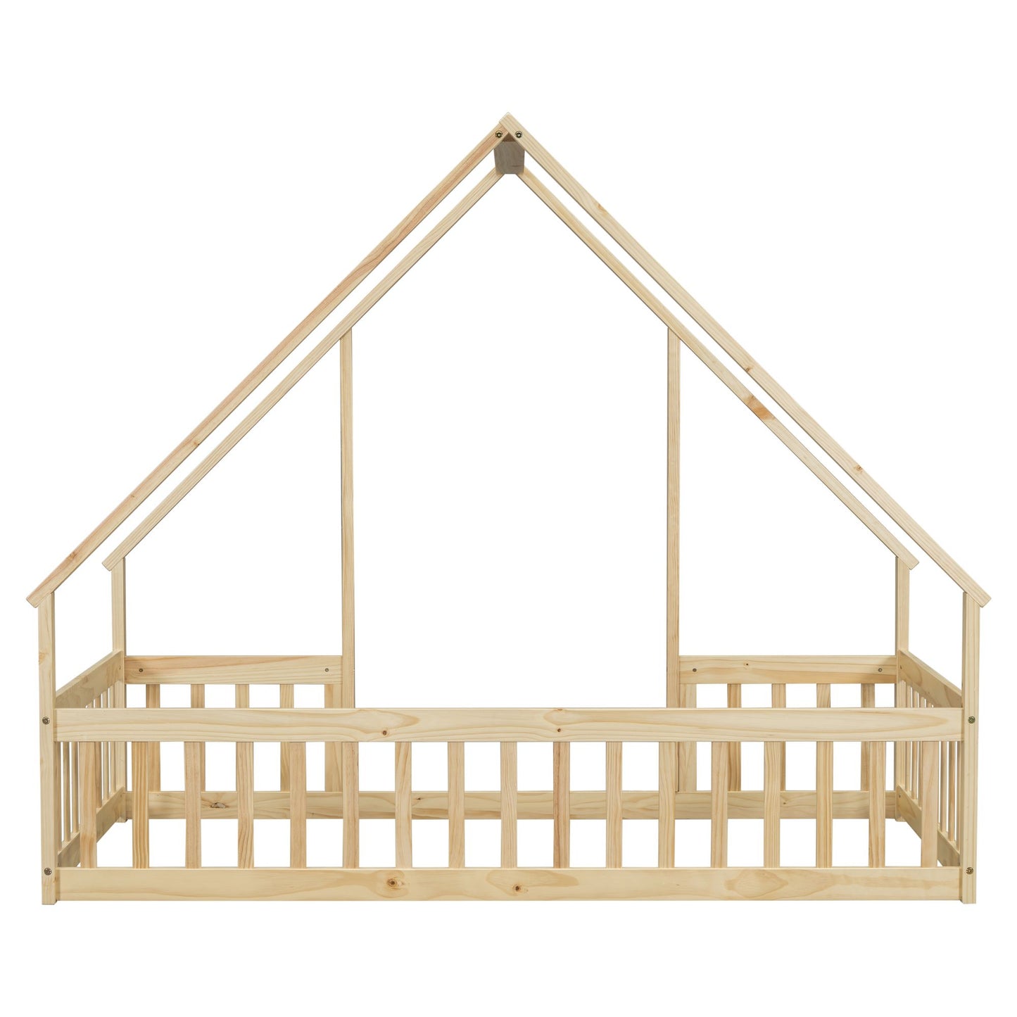 Twin Wood House-Shaped Floor Bed with Fence, Guardrails ,Natural image 5