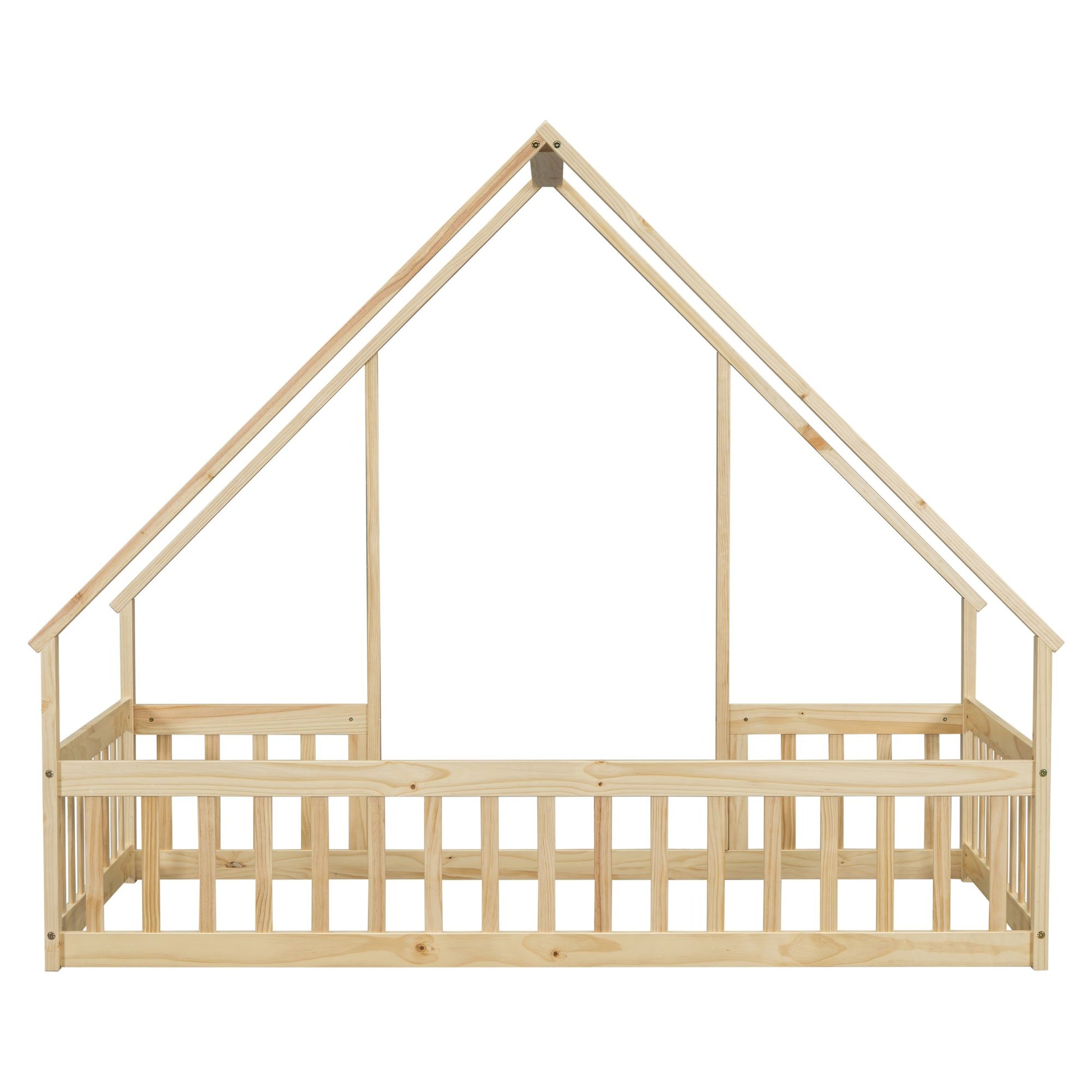 Twin Wood House-Shaped Floor Bed with Fence, Guardrails ,Natural image 5