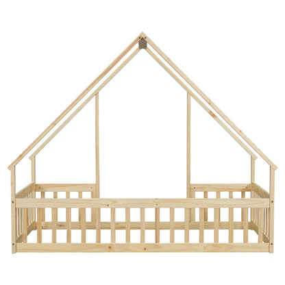 Twin Wood House-Shaped Floor Bed with Fence, Guardrails ,Natural image 5