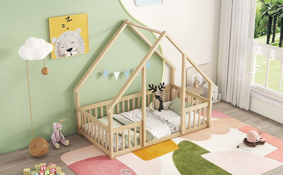 Twin Wood House-Shaped Floor Bed with Fence, Guardrails ,Natural image 15