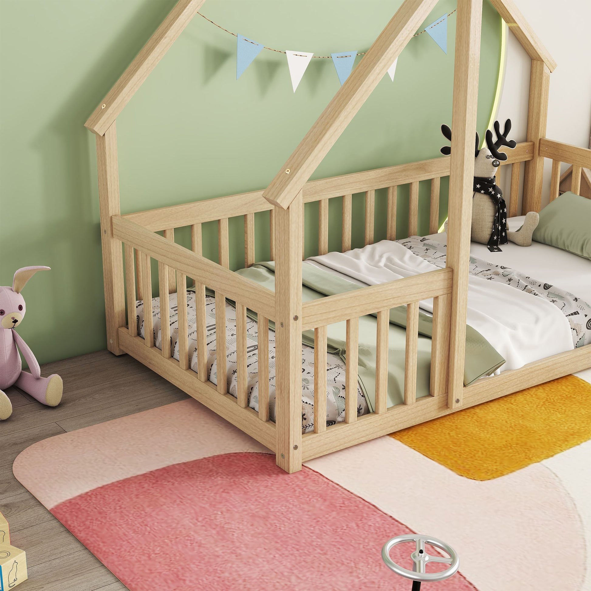 Twin Wood House-Shaped Floor Bed with Fence, Guardrails ,Natural image 12