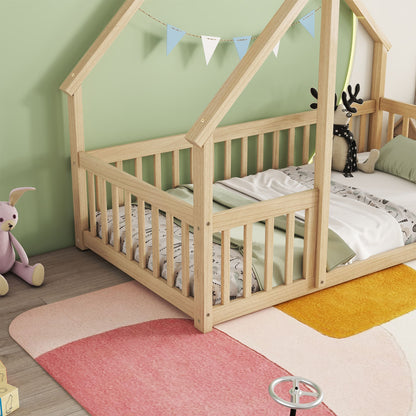 Twin Wood House-Shaped Floor Bed with Fence, Guardrails ,Natural image 12