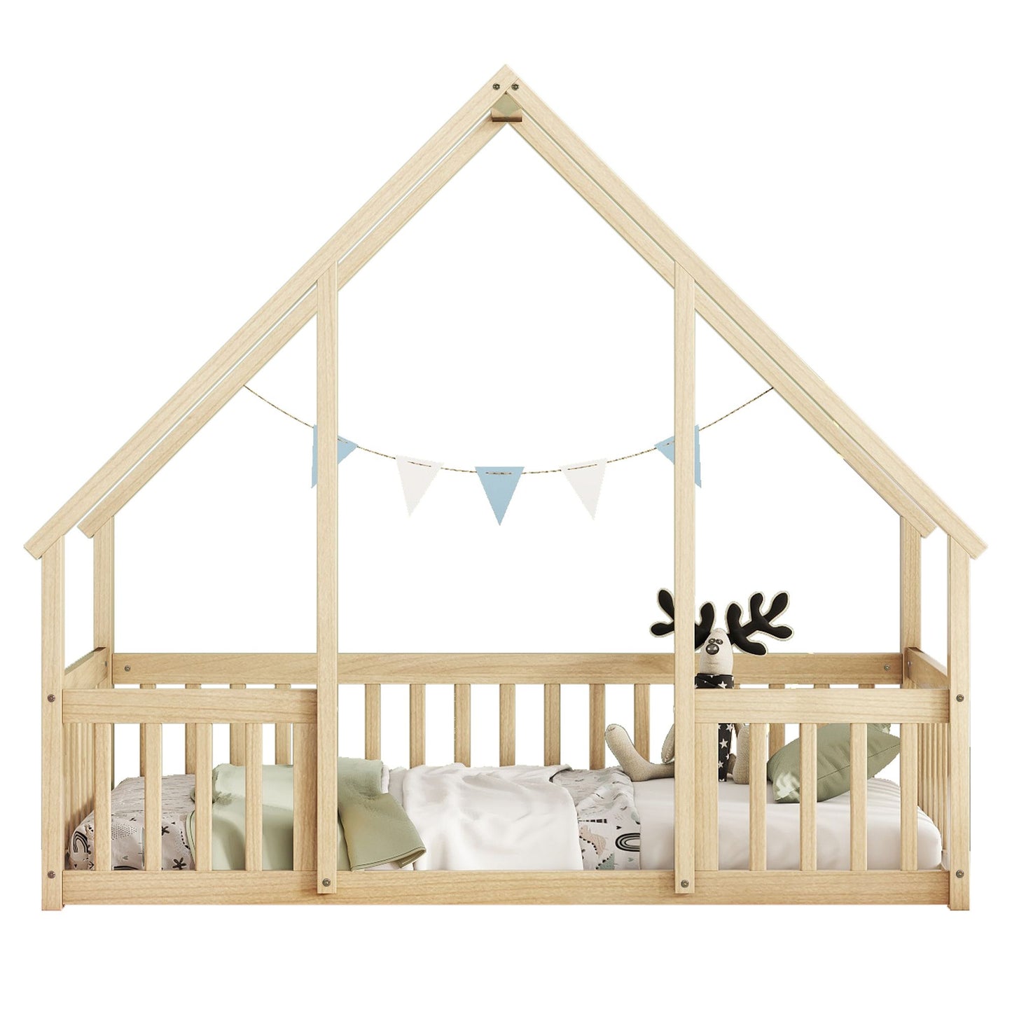 Twin Wood House-Shaped Floor Bed with Fence, Guardrails ,Natural image 19