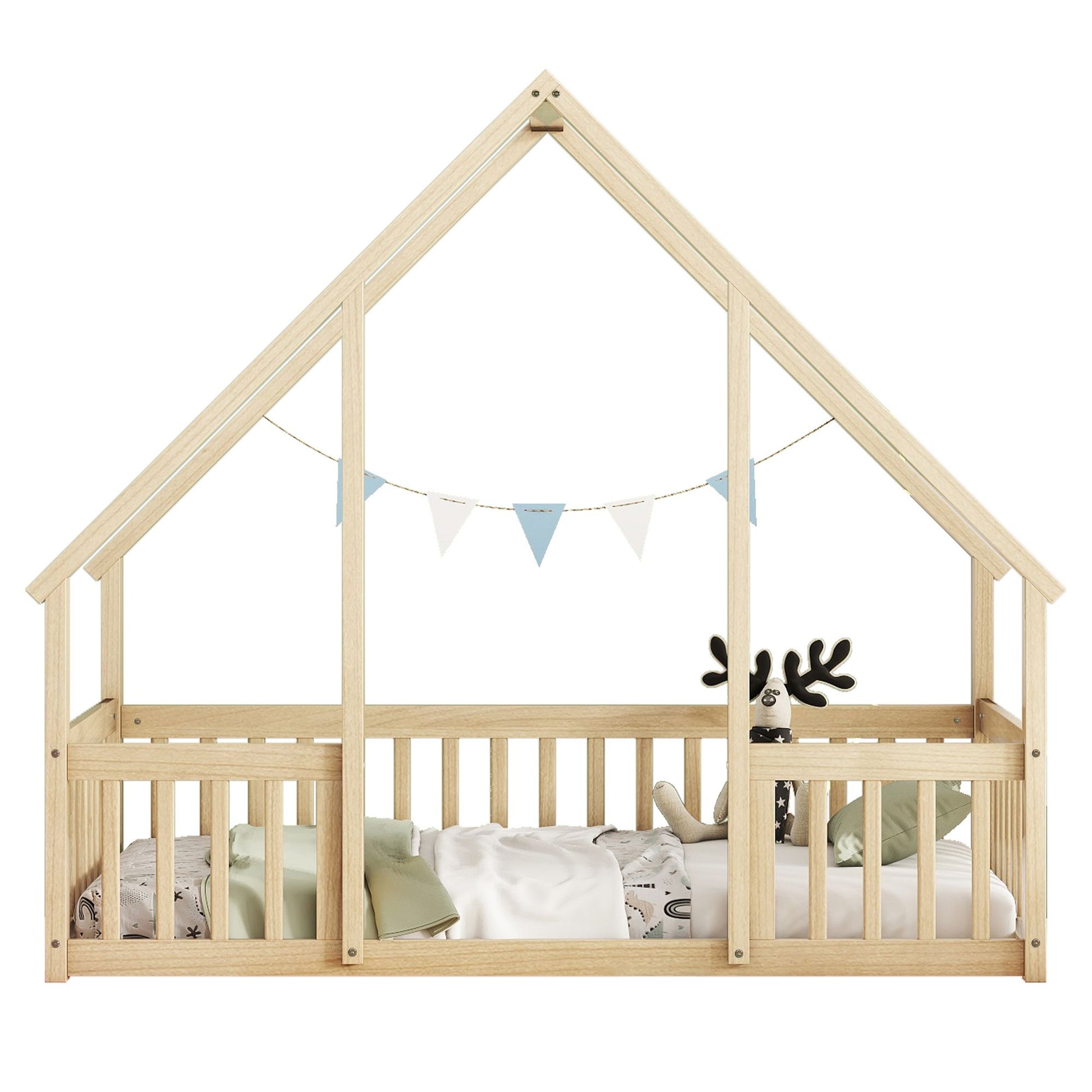 Twin Wood House-Shaped Floor Bed with Fence, Guardrails ,Natural image 19