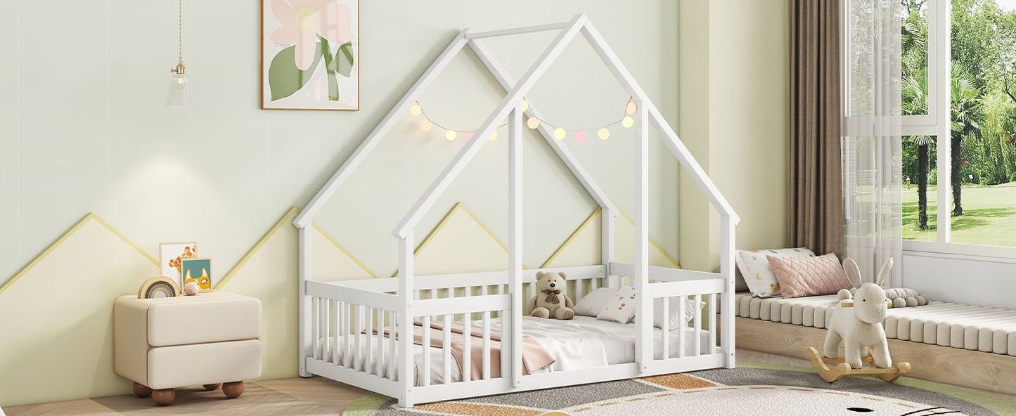 Twin Wood House-Shaped Floor Bed with Fence, Guardrails ,White image 16