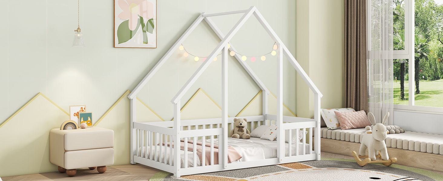 Twin Wood House-Shaped Floor Bed with Fence, Guardrails ,White image 16