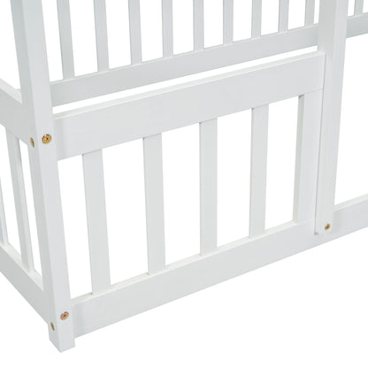 Twin Wood House-Shaped Floor Bed with Fence, Guardrails ,White image 4