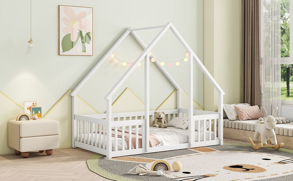Twin Wood House-Shaped Floor Bed with Fence, Guardrails ,White image 14