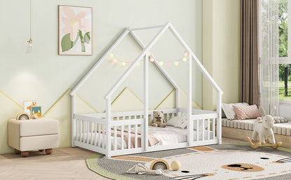 Twin Wood House-Shaped Floor Bed with Fence, Guardrails ,White image 14