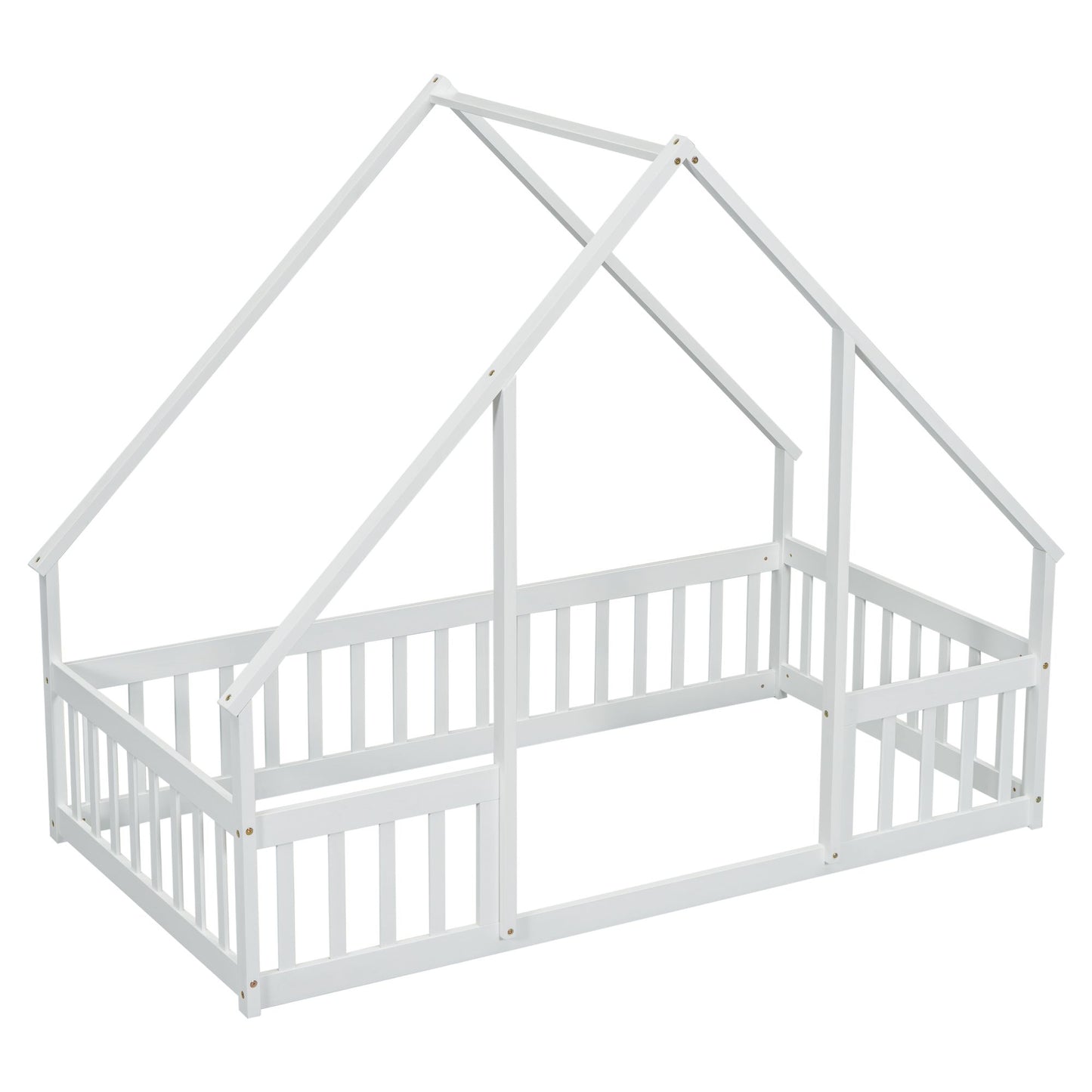 Twin Wood House-Shaped Floor Bed with Fence, Guardrails ,White image 6