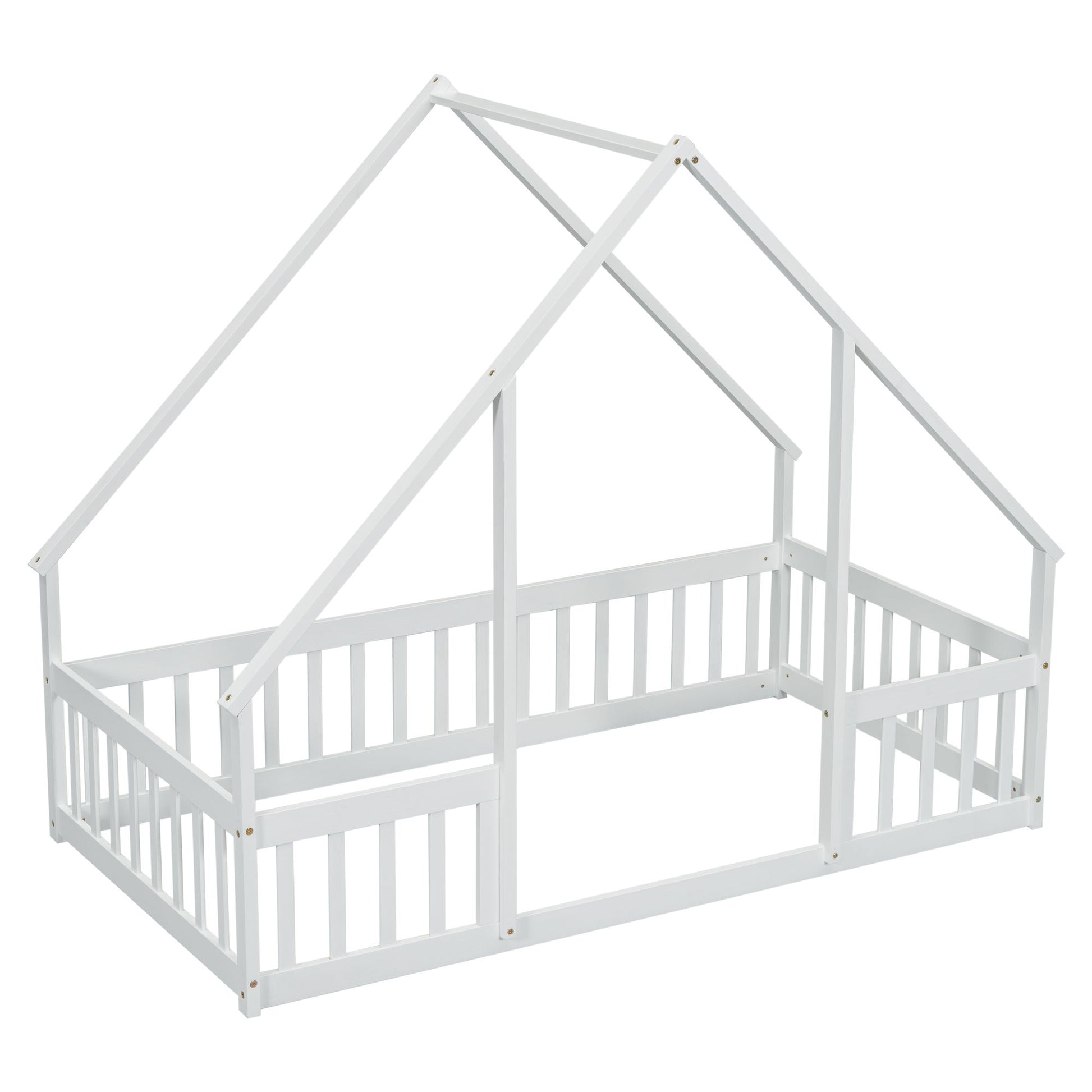 Twin Wood House-Shaped Floor Bed with Fence, Guardrails ,White image 6