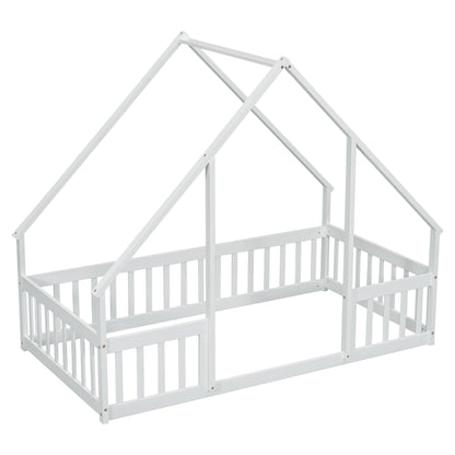Twin Wood House-Shaped Floor Bed with Fence, Guardrails ,White image 6