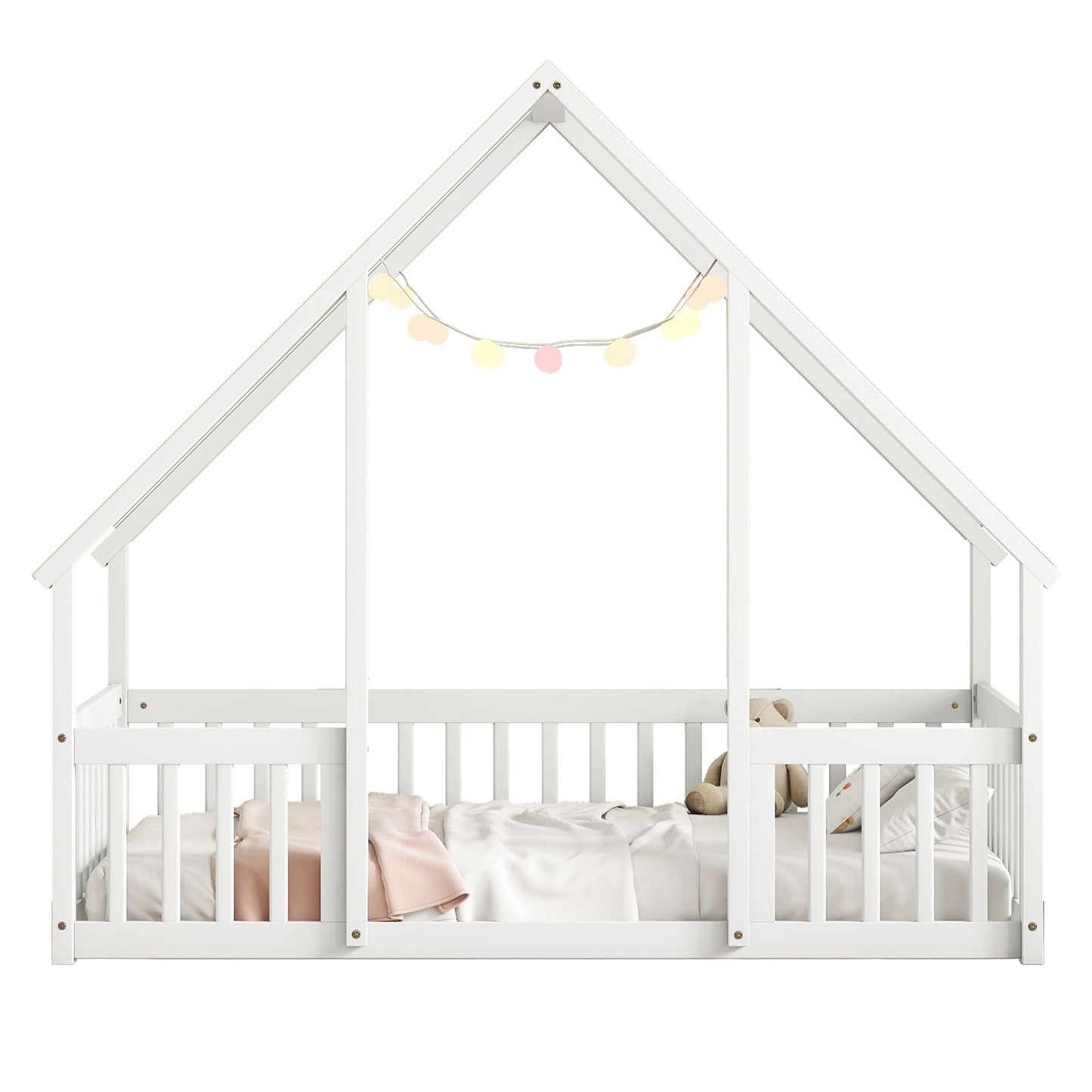 Twin Wood House-Shaped Floor Bed with Fence, Guardrails ,White image 19