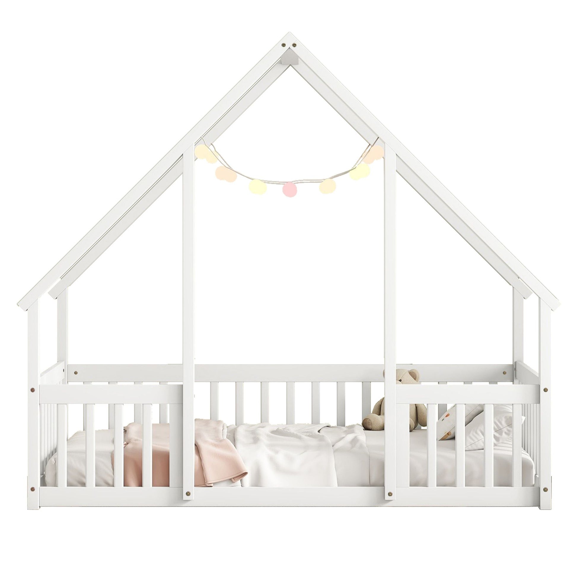 Twin Wood House-Shaped Floor Bed with Fence, Guardrails ,White image 19