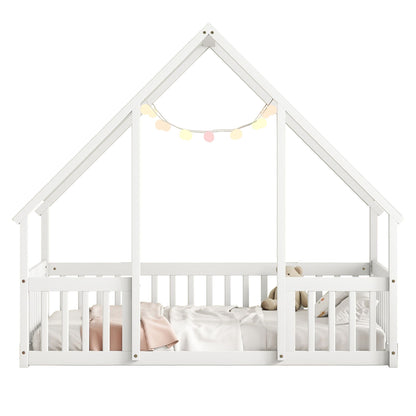 Twin Wood House-Shaped Floor Bed with Fence, Guardrails ,White image 19