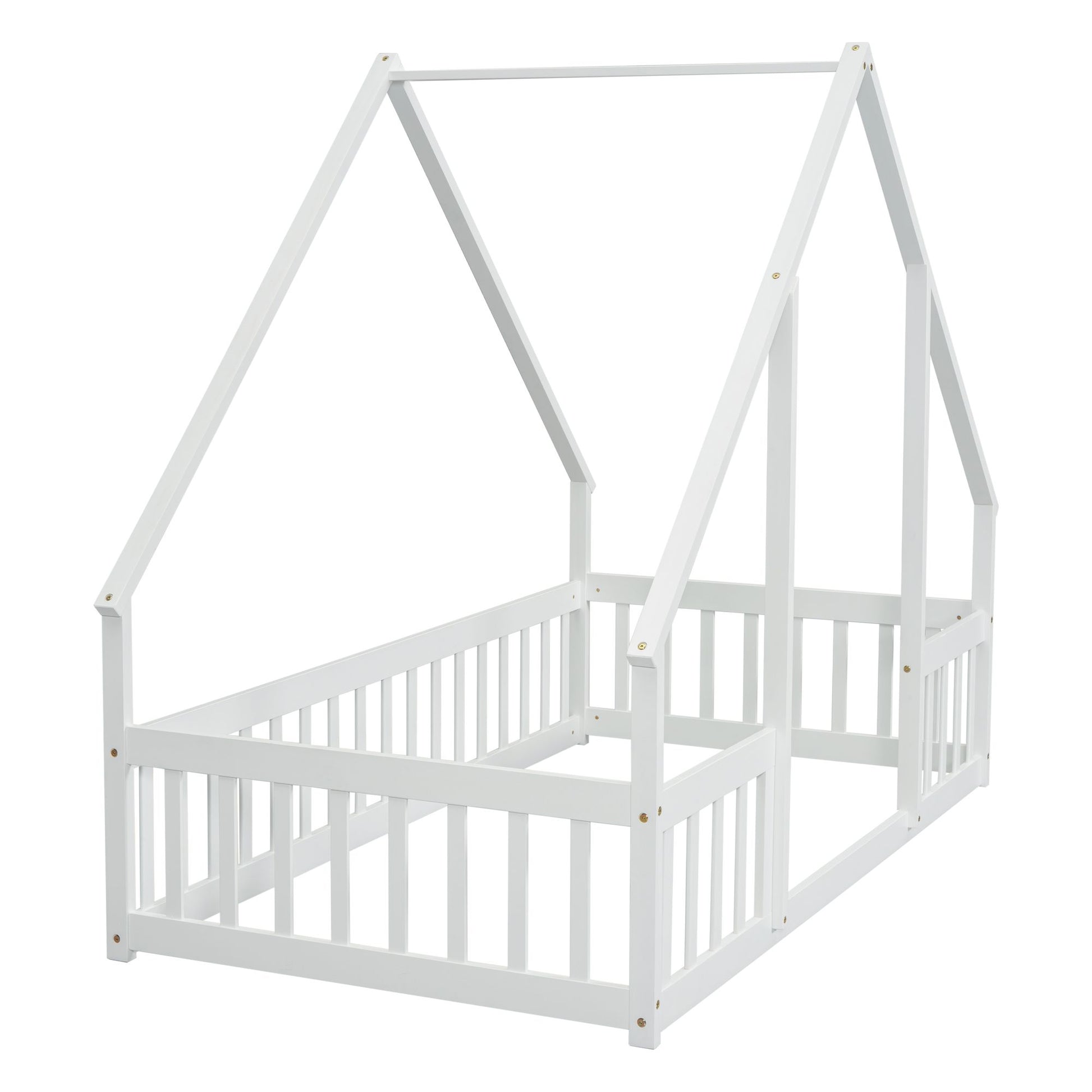 Twin Wood House-Shaped Floor Bed with Fence, Guardrails ,White image 2