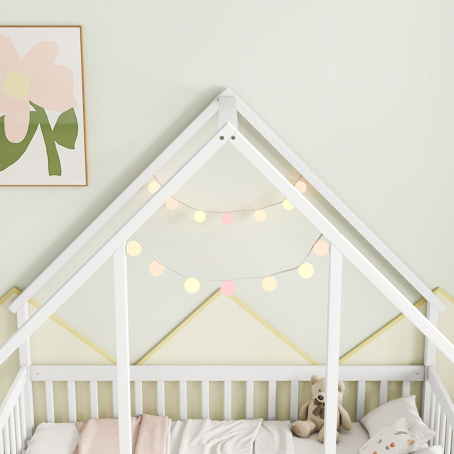 Twin Wood House-Shaped Floor Bed with Fence, Guardrails ,White image 12