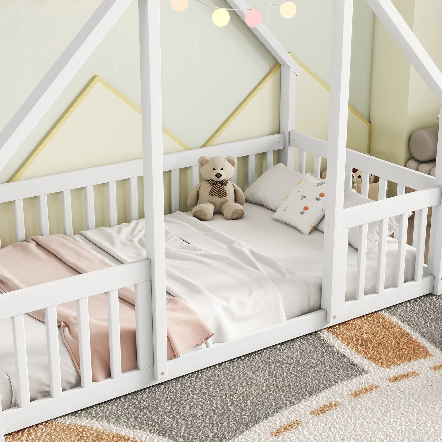 Twin Wood House-Shaped Floor Bed with Fence, Guardrails ,White image 11