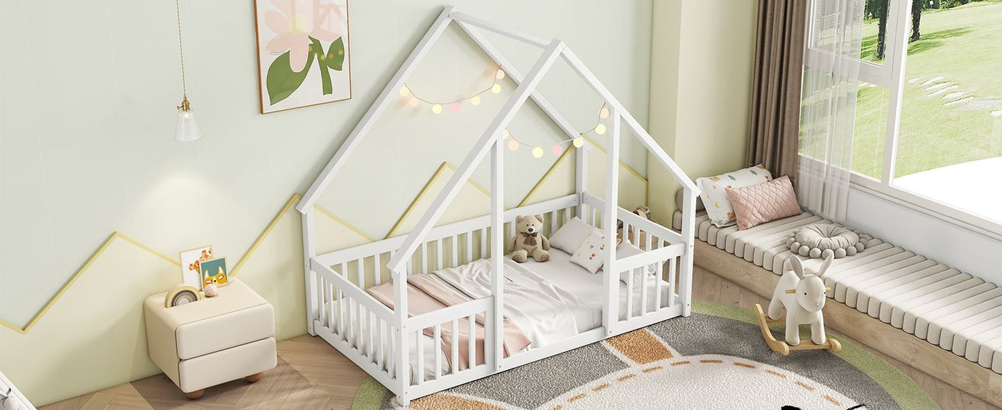 Twin Wood House-Shaped Floor Bed with Fence, Guardrails ,White image 17