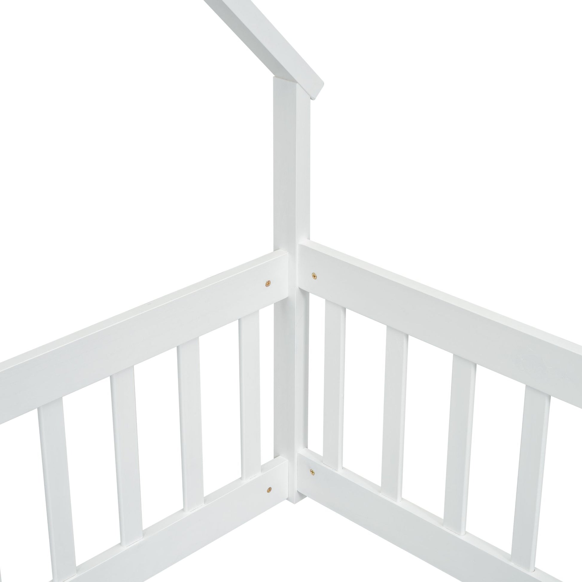 Twin Wood House-Shaped Floor Bed with Fence, Guardrails ,White image 3