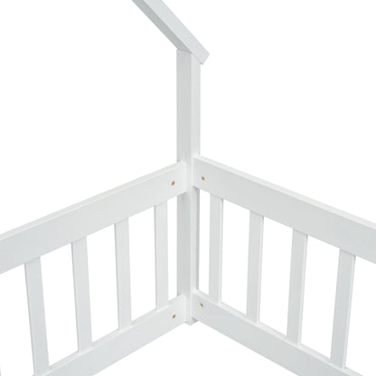 Twin Wood House-Shaped Floor Bed with Fence, Guardrails ,White image 3