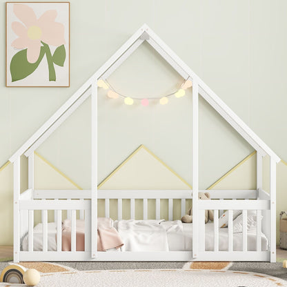 Twin Wood House-Shaped Floor Bed with Fence, Guardrails ,White image 8
