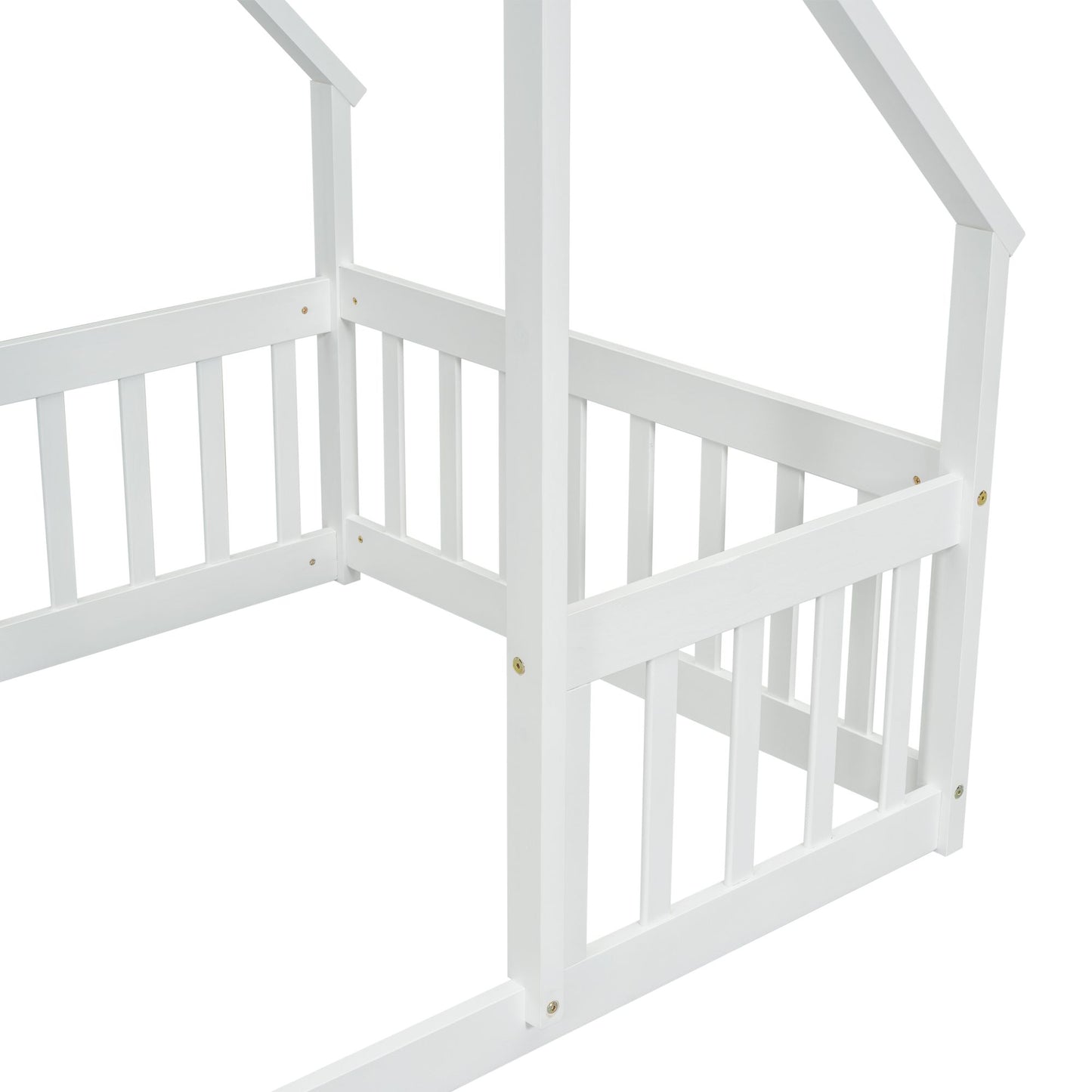 Twin Wood House-Shaped Floor Bed with Fence, Guardrails ,White image 5