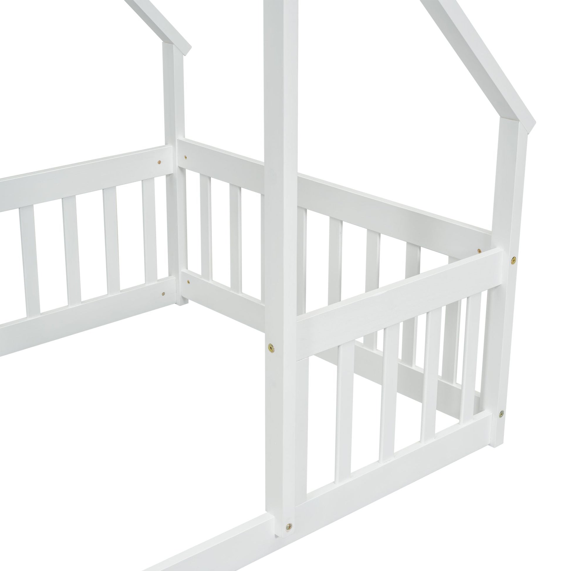 Twin Wood House-Shaped Floor Bed with Fence, Guardrails ,White image 5