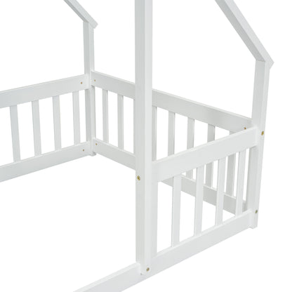 Twin Wood House-Shaped Floor Bed with Fence, Guardrails ,White image 5
