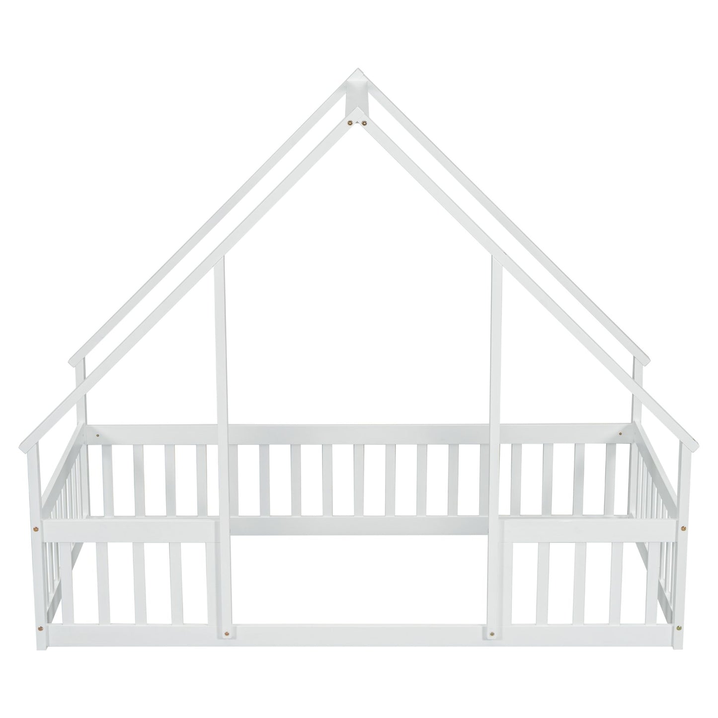 Twin Wood House-Shaped Floor Bed with Fence, Guardrails ,White image 1
