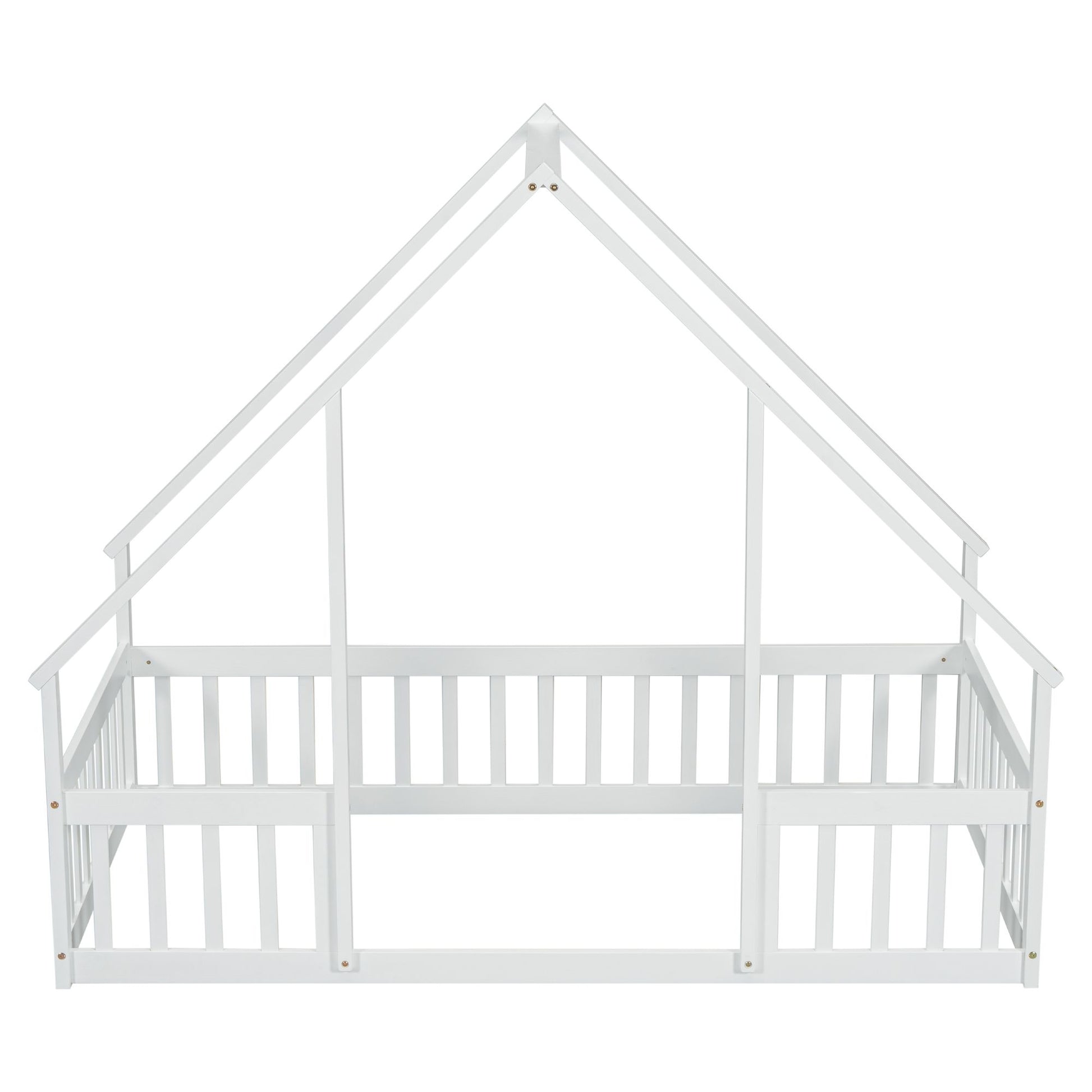 Twin Wood House-Shaped Floor Bed with Fence, Guardrails ,White image 1