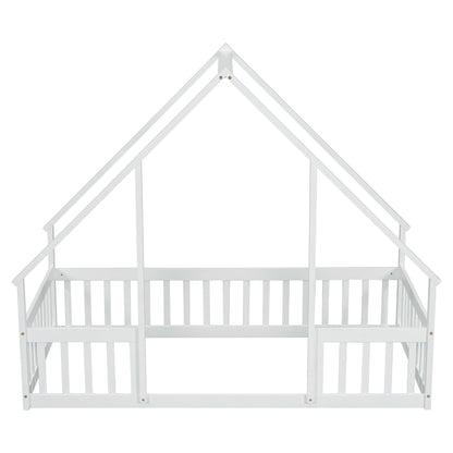 Twin Wood House-Shaped Floor Bed with Fence, Guardrails ,White image 1