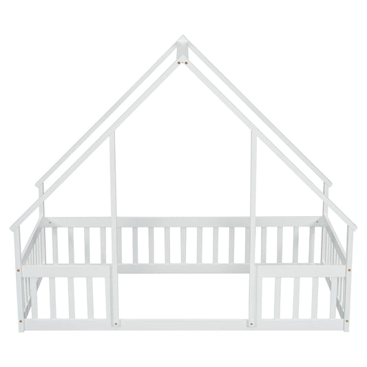 Twin Wood House-Shaped Floor Bed with Fence, Guardrails ,White image 1
