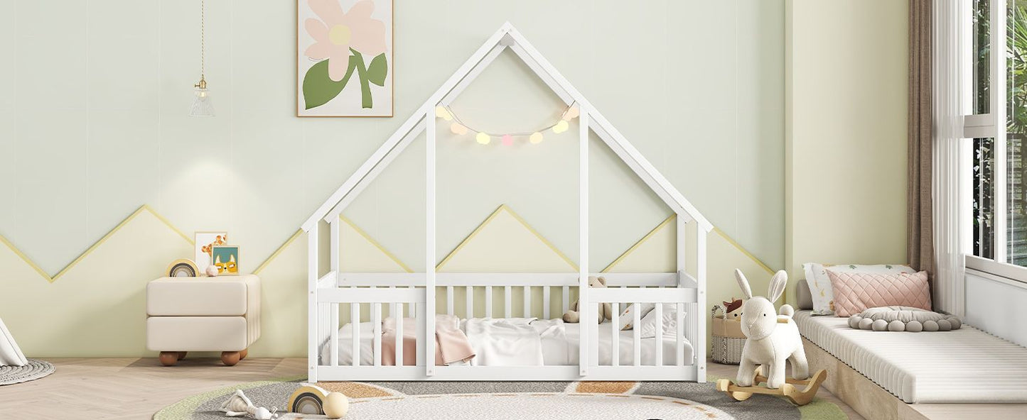 Twin Wood House-Shaped Floor Bed with Fence, Guardrails ,White image 18