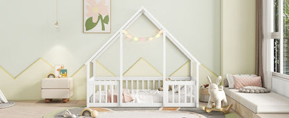Twin Wood House-Shaped Floor Bed with Fence, Guardrails ,White image 18