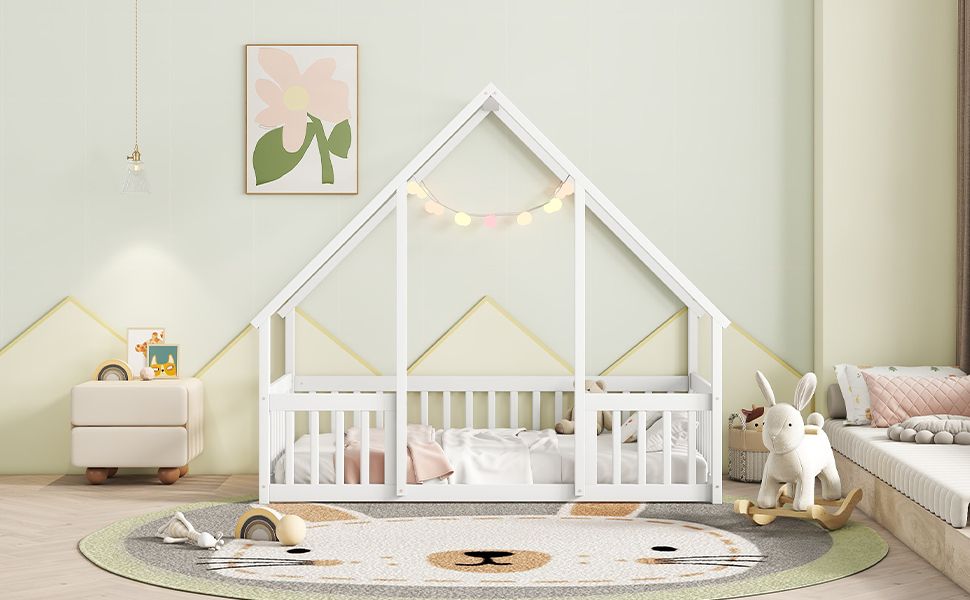 Twin Wood House-Shaped Floor Bed with Fence, Guardrails ,White image 13