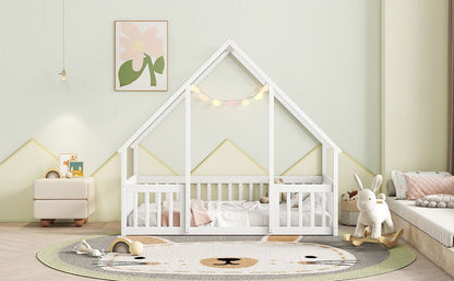 Twin Wood House-Shaped Floor Bed with Fence, Guardrails ,White image 13