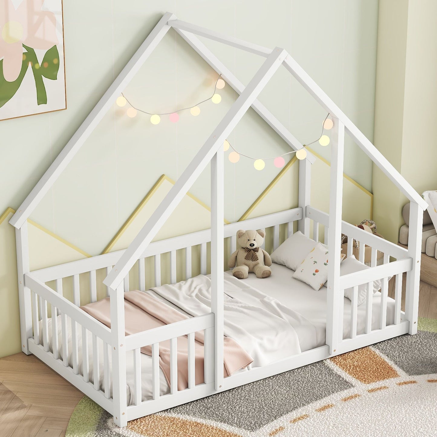 Twin Wood House-Shaped Floor Bed with Fence, Guardrails ,White image 9
