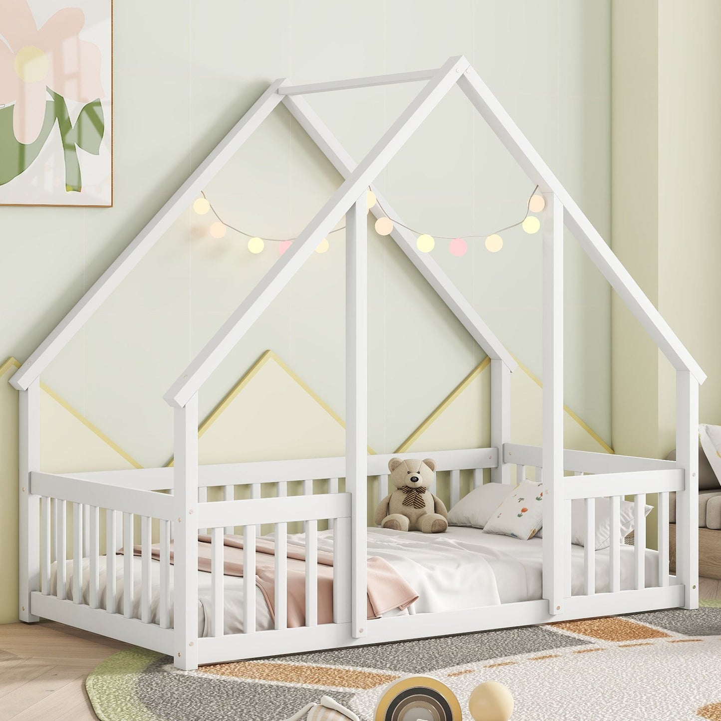 Twin Wood House-Shaped Floor Bed with Fence, Guardrails ,White image 7