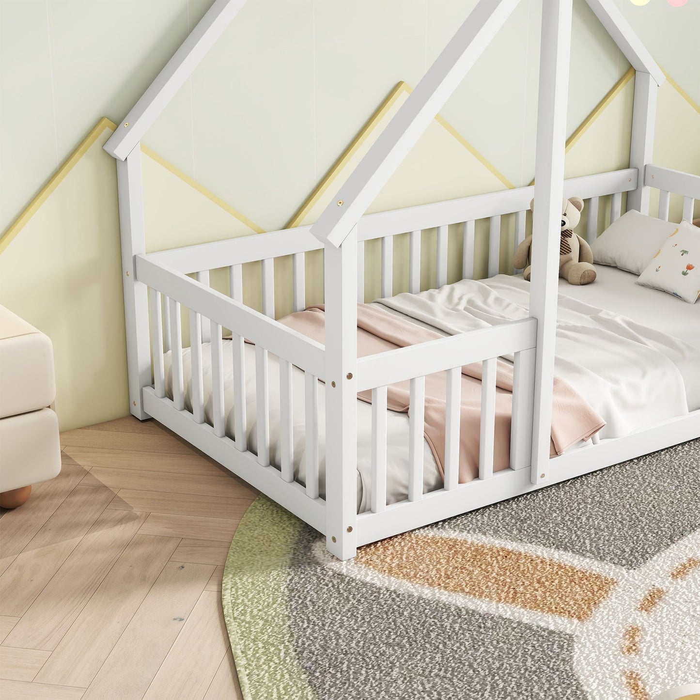 Twin Wood House-Shaped Floor Bed with Fence, Guardrails ,White image 10
