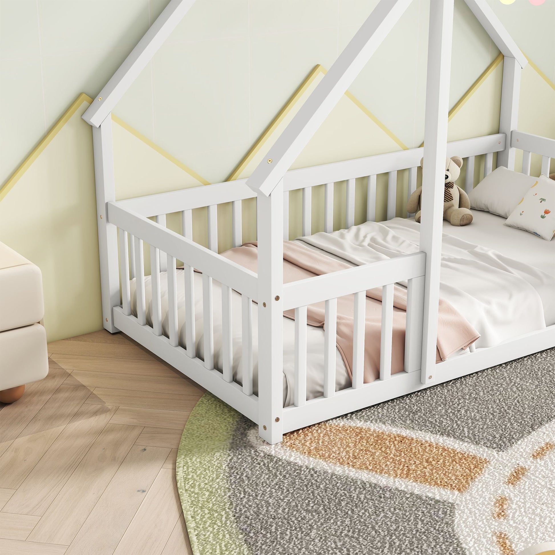 Twin Wood House-Shaped Floor Bed with Fence, Guardrails ,White image 10