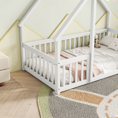 Twin Wood House-Shaped Floor Bed with Fence, Guardrails ,White image 10