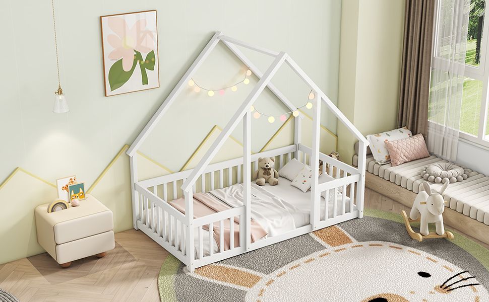 Twin Wood House-Shaped Floor Bed with Fence, Guardrails ,White image 15