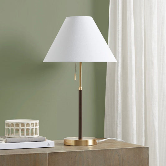 Two Tone Pull-chain Table Lamp - mid-century modern table lamp with gold base and fabric shade