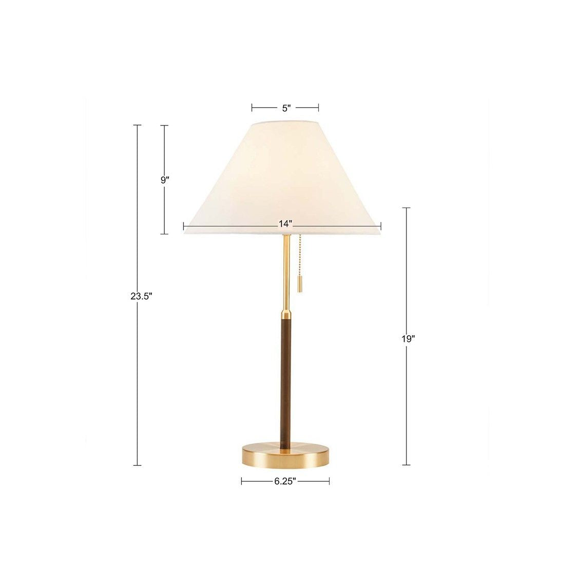 Two Tone Pull-chain Table Lamp on a desk with LED bulb illuminated