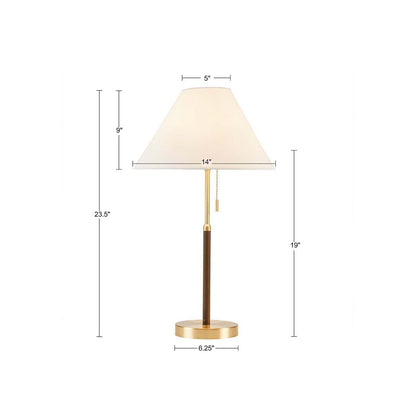 Two Tone Pull-chain Table Lamp on a desk with LED bulb illuminated